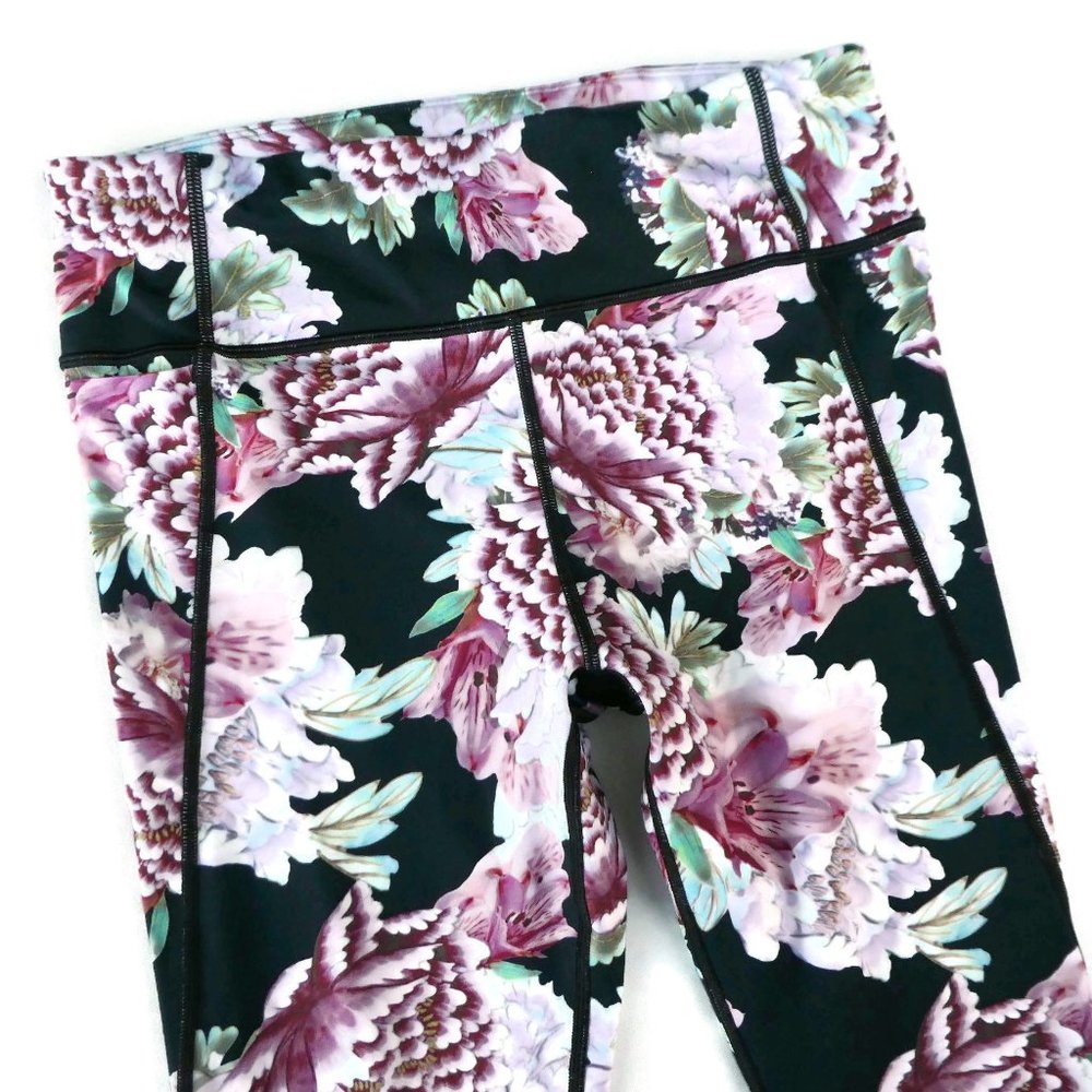 Athleta Run Free Garden Party Leggings Floral Pink Back Waist Zip Pockets M